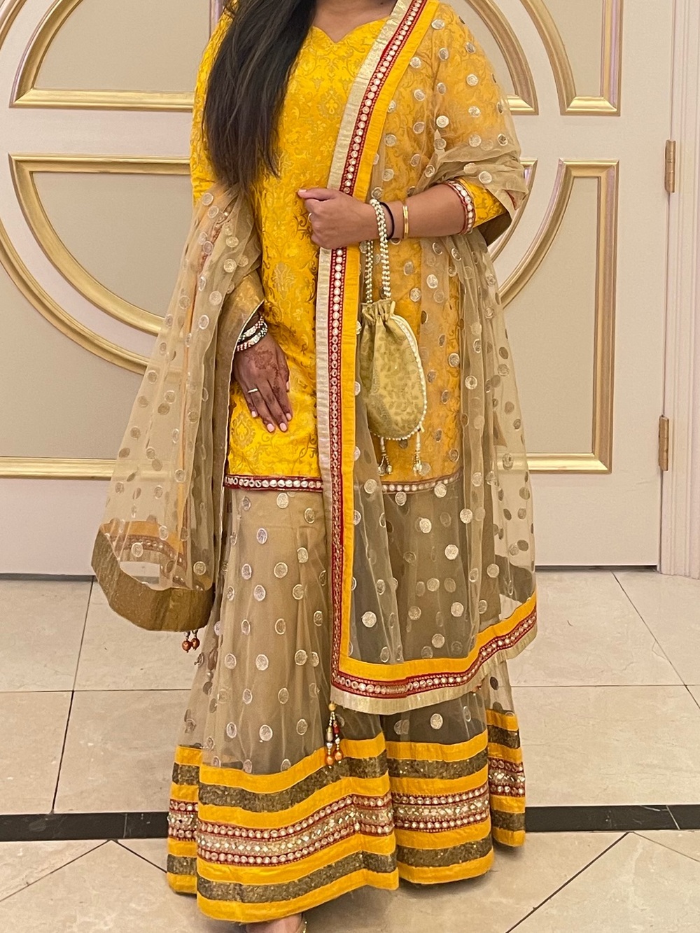 Ethnic Indian Wear Yellow & Gold Embroidered Lehenga Set with Sheer Dupatta